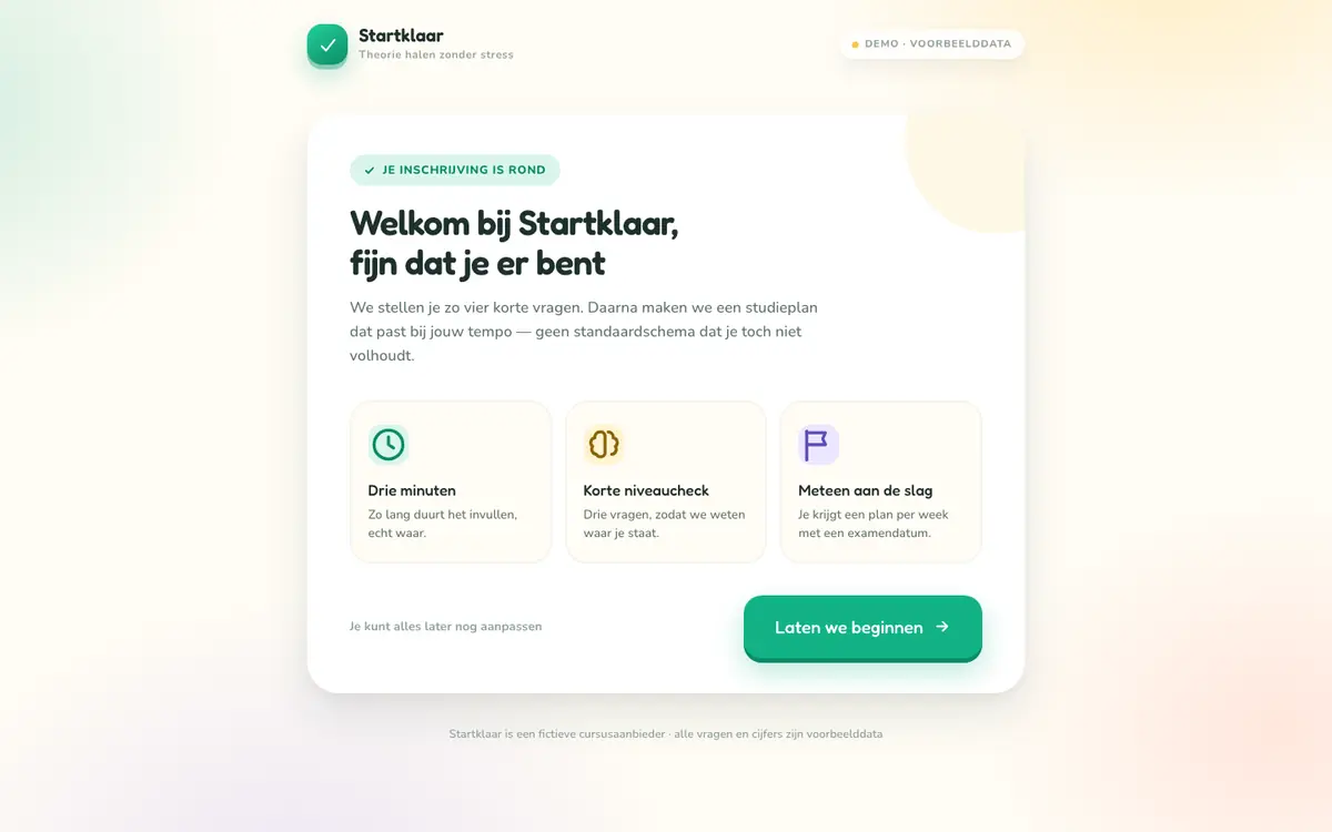 Schermafbeelding van Cursist-onboarding op desktop