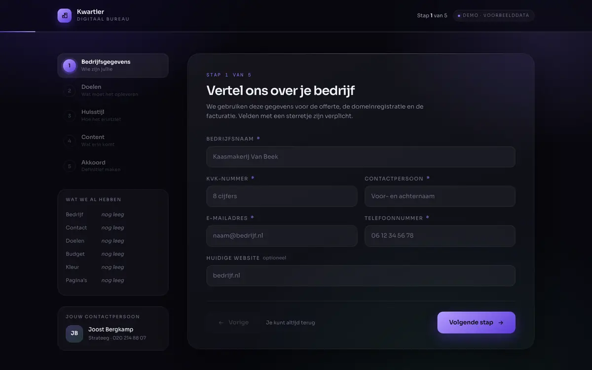 Schermafbeelding van Klant-onboarding op desktop