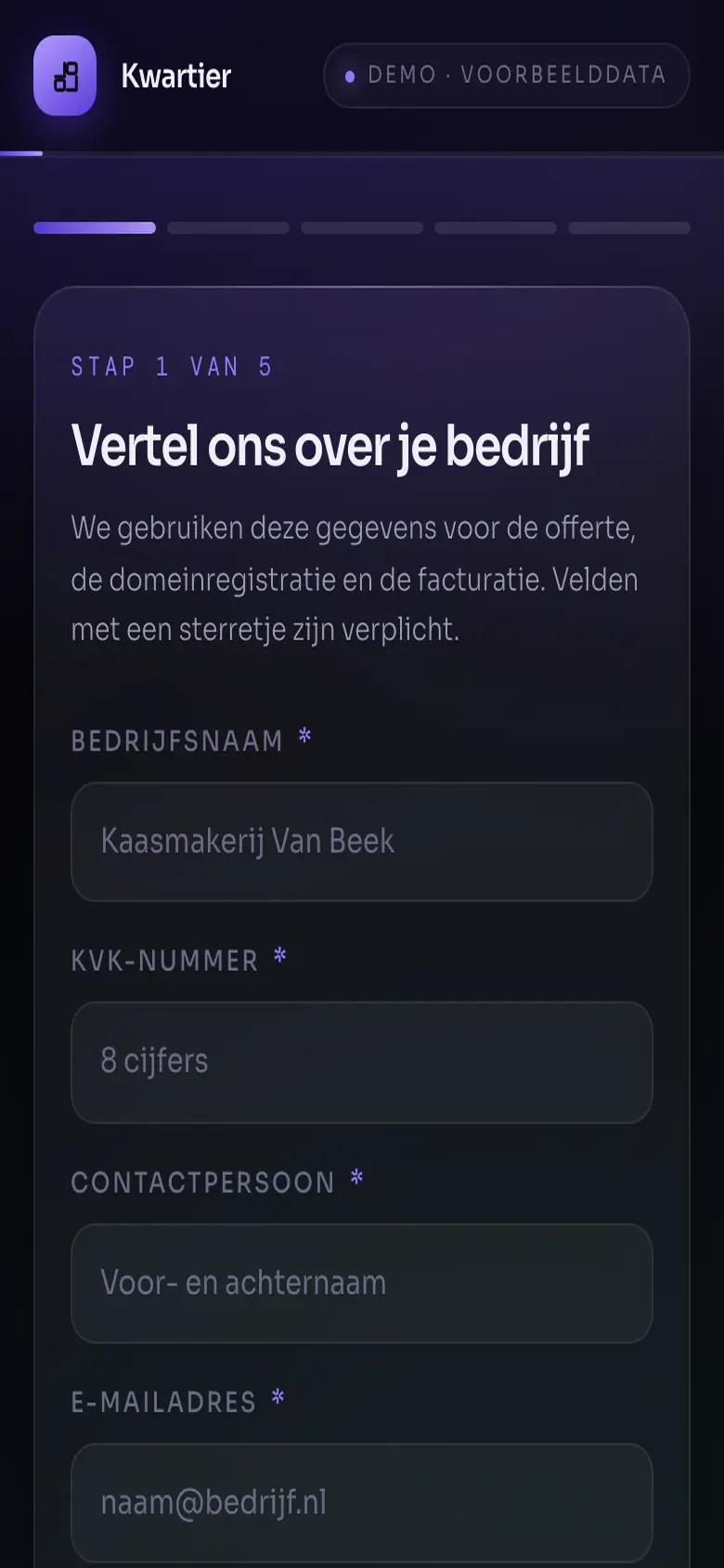 Schermafbeelding van Klant-onboarding op mobiel