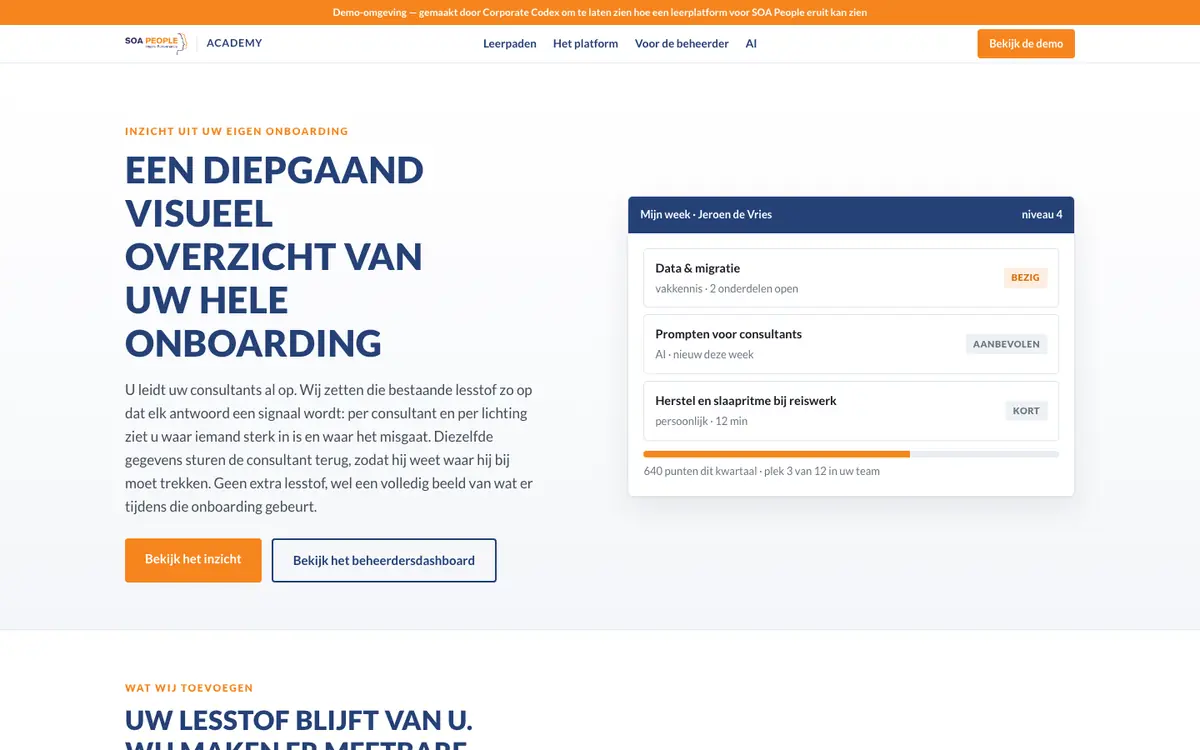 Schermafbeelding van de SOA People academy, een onboarding- en leerplatform